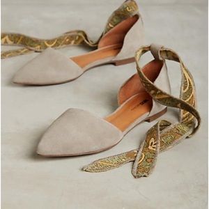 Anthropologie Matiko Rey tan suede pointed flats with fabric ankle wrap